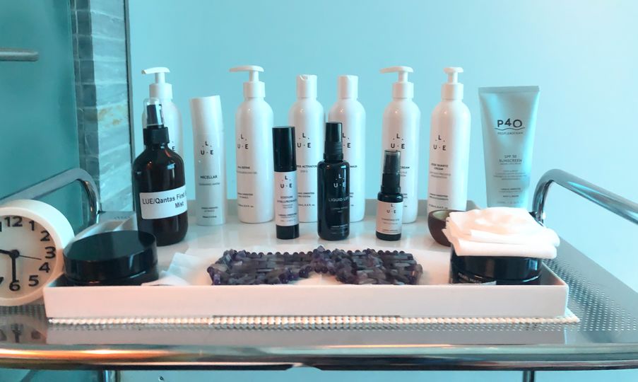 The new selection of LaGaia Unedited products in use at the Qantas First Lounge spa.